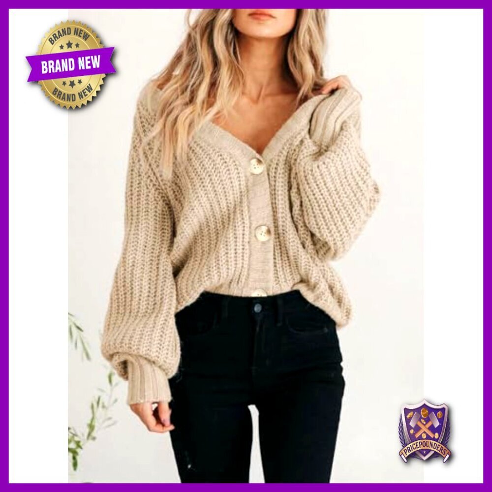 Chunky Knit Open Front Cardigan, Oversized Fit, Button Detail, Long Sleeve - Picture 6 of 7